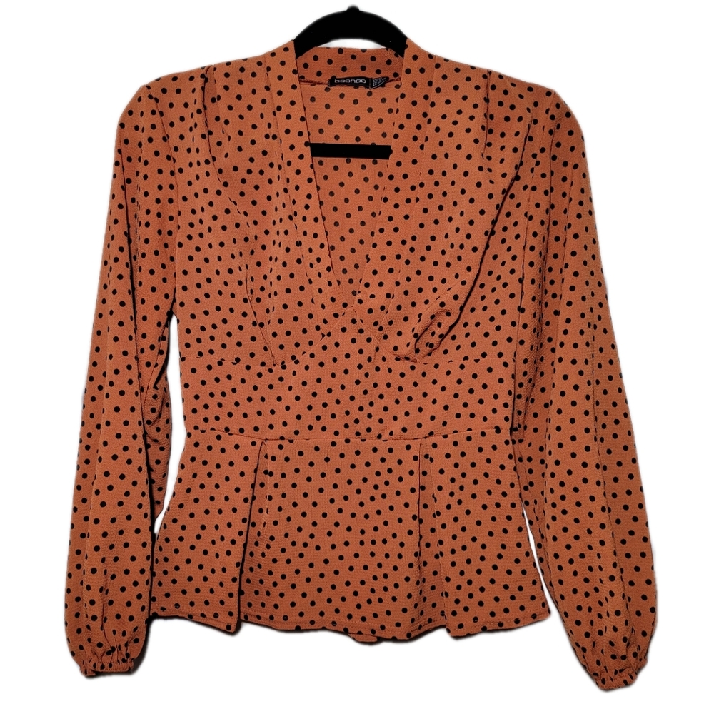 Boohoo Women's Peplum Top polka dot burnt orange 10